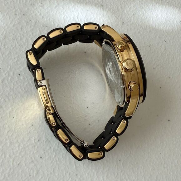 Michael Kors Runway Chronograph Gold Tone Black Silicone Women’s Watch 38mm - Picture 5 of 8
